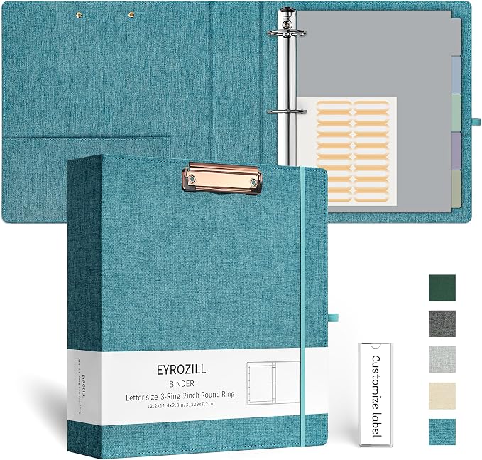 EYROZILL 3 Ring Binder 2 Inch, Binder for Letter Size (11" x 8.5") with 5 Tab Dividers, File Folder Labels and Low Profile Clipboards, Aqua Blue