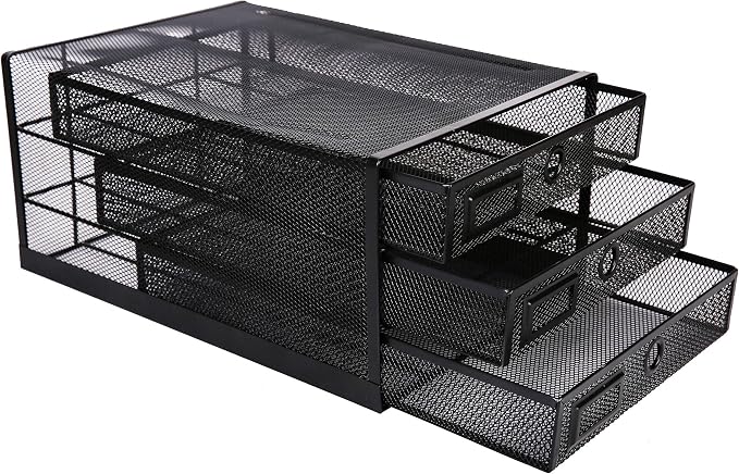 Annova Desk Organizer Wire Mesh 3 Tier Sliding Drawers Paper Sorter/Multifunctional/Premium Solid Construction for Letters, Documents, Mail, Files, Paper, Kids' Art Supplies (Black)