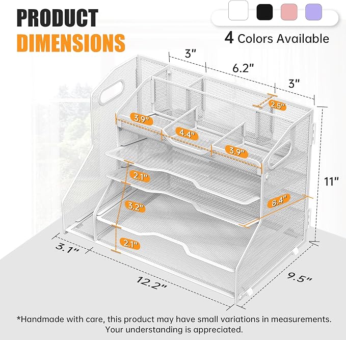 YINGHUA 5-Tier Mesh Desk Organizer and File Holder, Letter Tray - White | Sturdy steel mesh with 3 sliding trays, 2 handles, 6 adjustable top sections. U-shaped design for easy access to office files