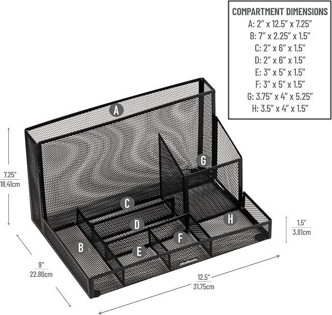 Mind Reader Desktop Organizer with Office Supplies Included, Vertical File, Storage, Metal, 12.5"L x 9"W x 7.25"H, Black