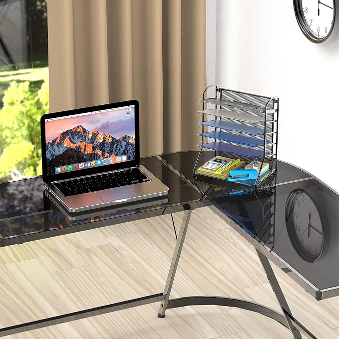 Simple Houseware 6-Tier Desk Organizer & Sliding Paper Tray, Black | Space-Saving Desktop Letter Tray for Document, Files and Mail Sorting