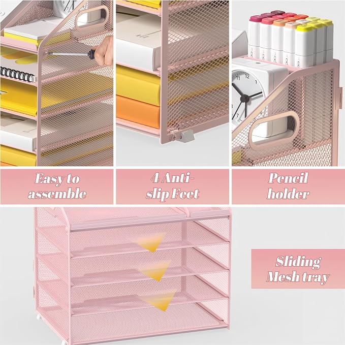 5 Tier Mesh Desk Organizer with Pen Holder and Handle Letter Tray | Metal desktop document shelf and paper sorter. Premium mesh workspace storage for office, home, and classroom