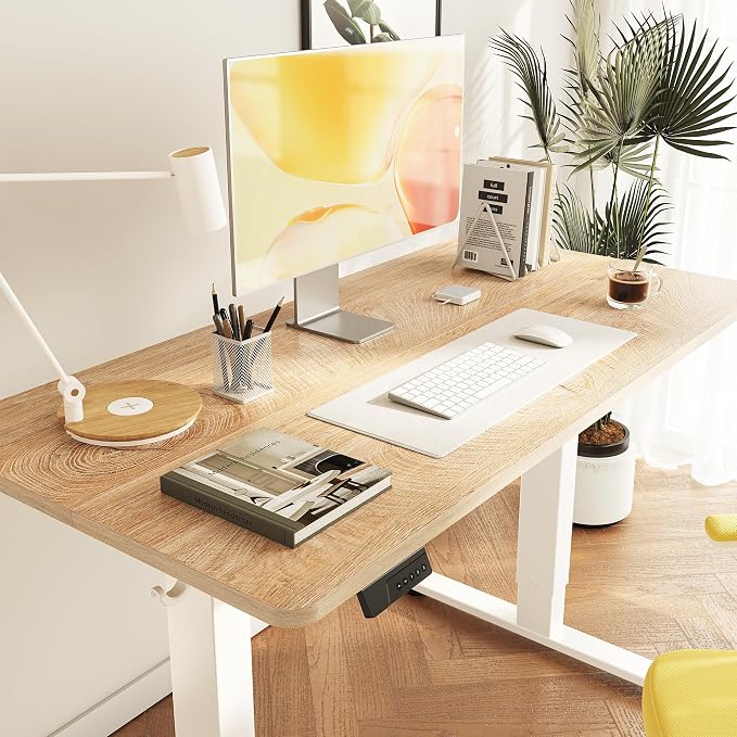 Cubiker Standing Desk, 63x28 Inches Sit Stand Home Office Desk, Electric Stand up Desk, Adjustable Desk with Splice Board, White Frame/Maple Top