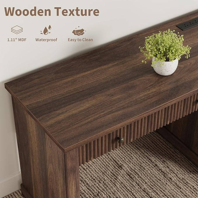 Garvee Fluted Home Office Desk Storage with File Drawers for Home Office | 54" Modern Executive Desk with Charging Station, Wooden Computer Writing Desk for, Study Room, Brown