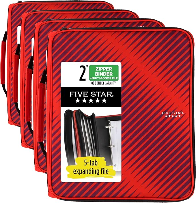 Five Star Zipper Binder, 2 Inch 3-Ring Binder with Round Rings, 5-Tab Expanding File, 380 Sheet Capacity, Fire Red (72538) (Pack of 4)