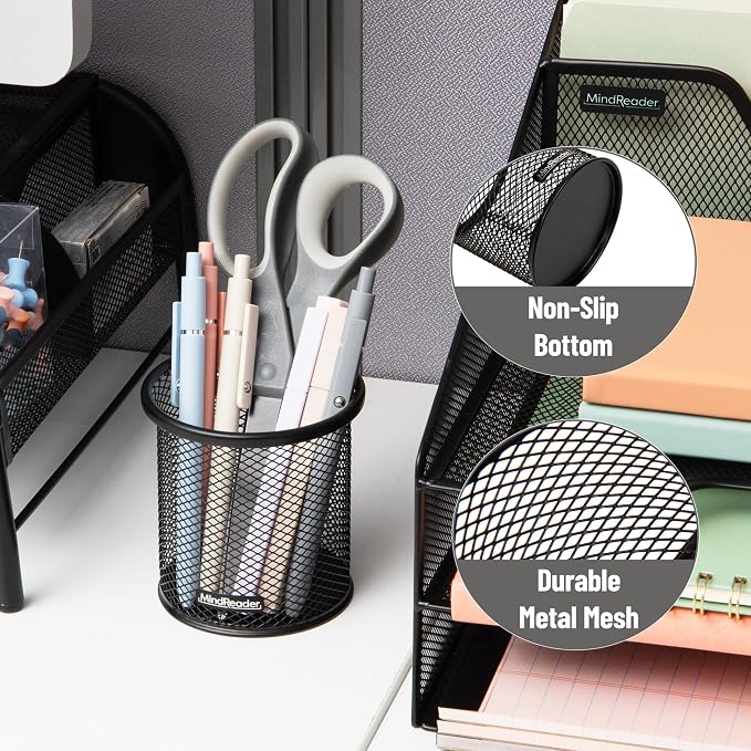 Mind Reader Pen and Accessories Holder, Desktop Organizer, Office, Metal Mesh, 3.5"L x 3.5"W x 3.75"H, Set of 3, Black