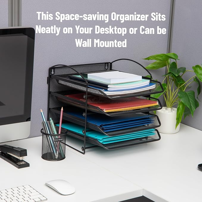 Mind Reader 4-Tier Paper Tray, File Storage, Desktop Organizer, Wall Mountable, File Organization, Metal Mesh, Black