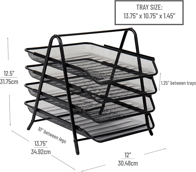 Mind Reader 4-Tier Paper Tray, Desktop Organizer, File Storage, Office, Metal Mesh, 12" L x 13.75" W x 12.5" H, Pack of 2, Black