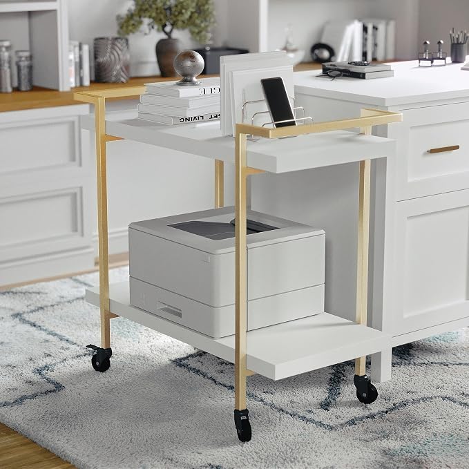 Martha Stewart Liam 2-Tier Mobile Office Storage and Printer Cart, White | Polished Brass Frame
