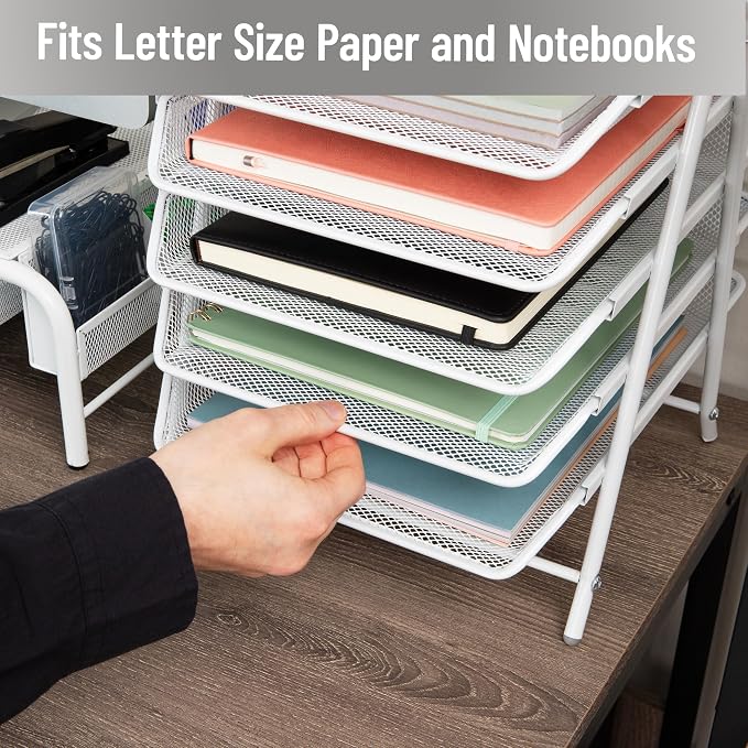 Mind Reader 5-Tier Paper Tray Organizer, White | Vertical Desktop File Storage Rack, Office, Metal Mesh