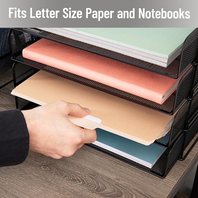 Mind Reader Stackable Paper Tray, Desktop Organizer, File Storage, Office, Metal Mesh, 4 Pcs., Black