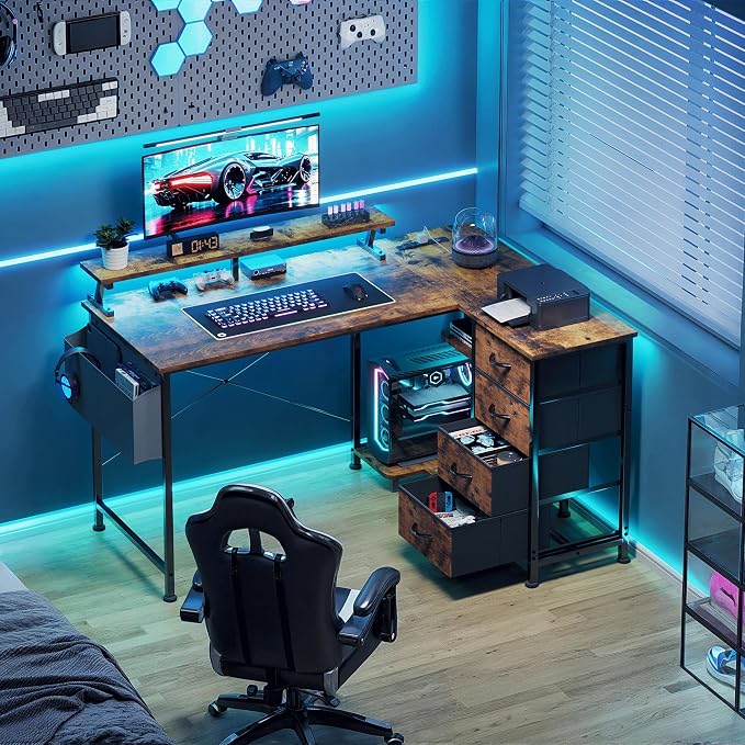 VERMESS 47" Reversible L Shaped Gaming Computer Desk, Corner Desk with Power Outlets & Monitor Stand, Writing Study Table with 4 Storage Drawers, Desk with LED Lights, Rustic Brown