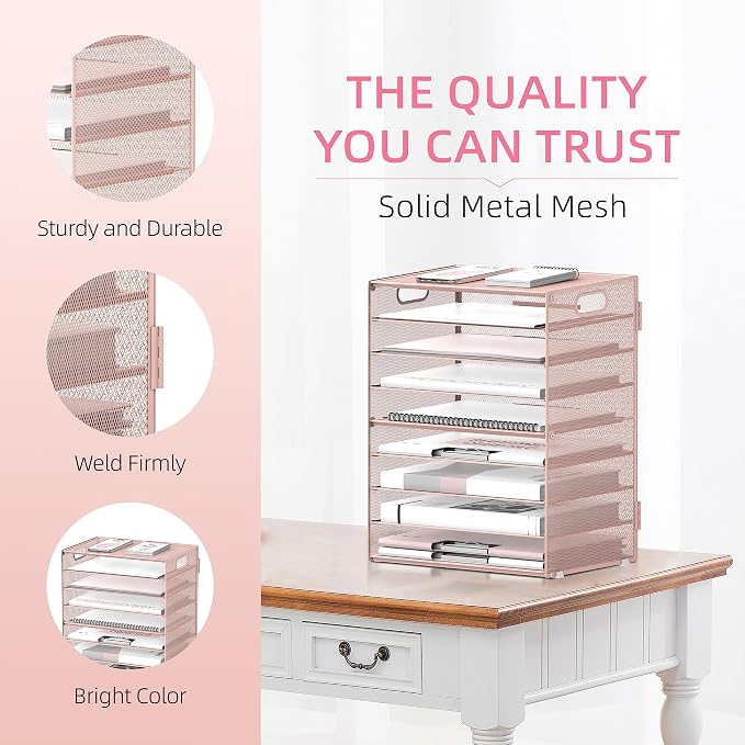 9-Tier Paper Organizer for Desk, Letter Tray with Handles, Pink, 2 Pack | Desk File Organizer with Removable Trays for Sorting Files, Folders, Mail and Printer Paper at Home, School or Office