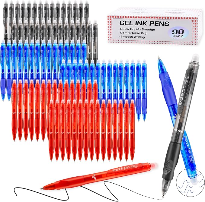 USUAL 90 Pack Retractable Erasable Gel Pens Clicker, Fine Point(0.5mm),Black&Blue&Red Ink for Planners,Make Mistakes Disappear, Premium Comfort Grip, Smooth Writing Pen Office Back-to-School Supplies
