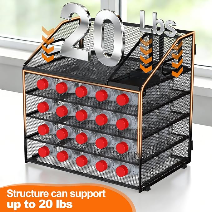 DocNest 5 Tier Metal Mesh Desk File Organizer with Phone Shelf, Black | Desktop letter tray sorter features a 9.1x9.1 inch top phone holder, built-in sticky note compartment and pen holder
