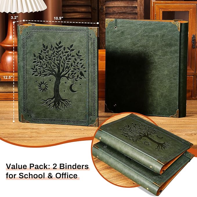 OVESMUSL 2 Pack PU Leather 3 Ring Binder, 2 Inch Green Tree | Fits 8.5x11 letter paper, holds 500 sheets, loose leaf organizer