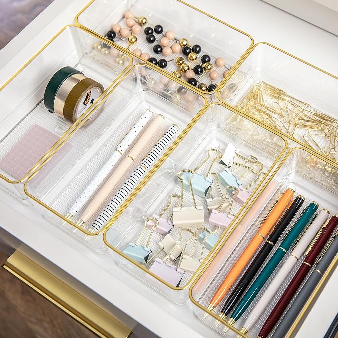 Martha Stewart Kerry Plastic Stackable Office Desk Drawer Organizers, 6" x 3", 6 Pack, with Gold Trim