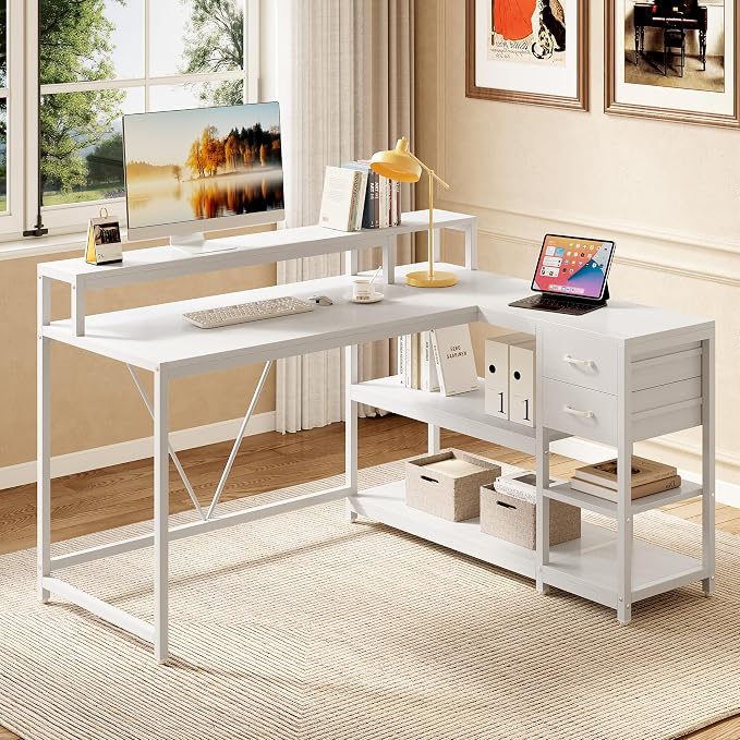 LITTLE TREE 55-Inch L-Shaped Computer Desk, Reversible Computer Desk with Drawers and Storage Shelves, Corner Desk Gaming Desk Work Desk for Home Office, White