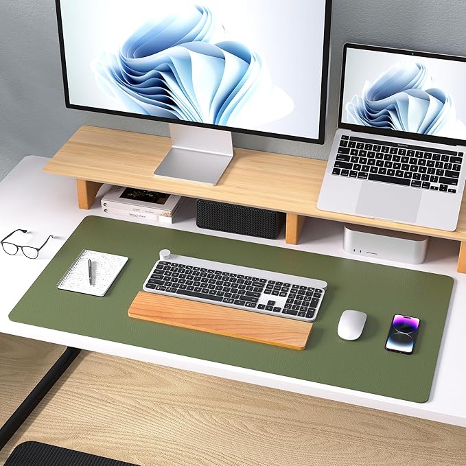 Aothia Leather Desk Pad Protector, Mouse Pad, Office Desk Mat, Non-Slip PU Leather Desk Blotter, Laptop Desk Pad, Waterproof Desk Writing Pad for Office and Home (36" x 17", Olive Green)