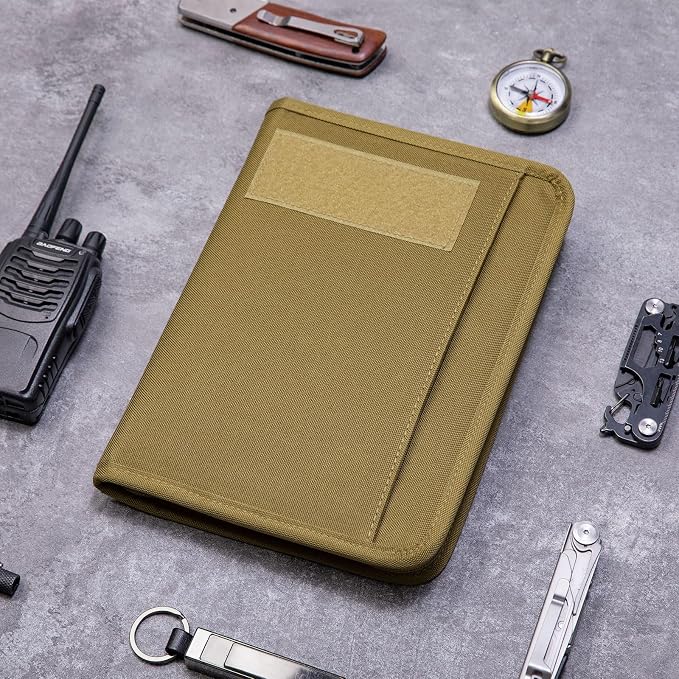 Kosibate Tactical Notebook Padfolio Ring Binder with 80 Sheets, Tactical Binder Zippered for Folders, Cards Refillable 6-Ring Notepad,Army Military Waterproof Notebook Cover(Khaki,7.3"x10.1")