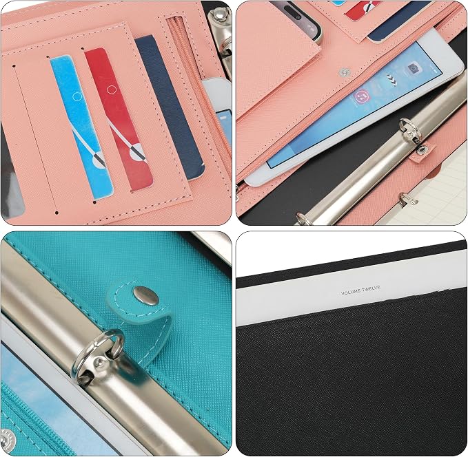 Wonderpool A4 PU Leather Ring Holder Writing Portfolio Multi Document Case with Removable Binder Clipboard and Functional Pocket for Organizer Office Travel School (Pink)