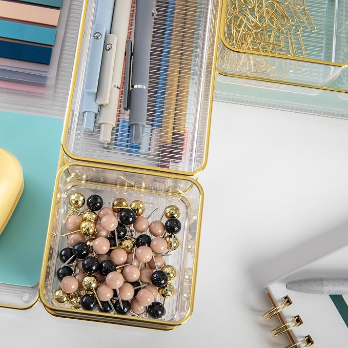 Martha Stewart Kerry Stackable Desk Drawer Organizers, Clear/Gold, 8-Pack | Various Sizes, Gold Trim, Stackable