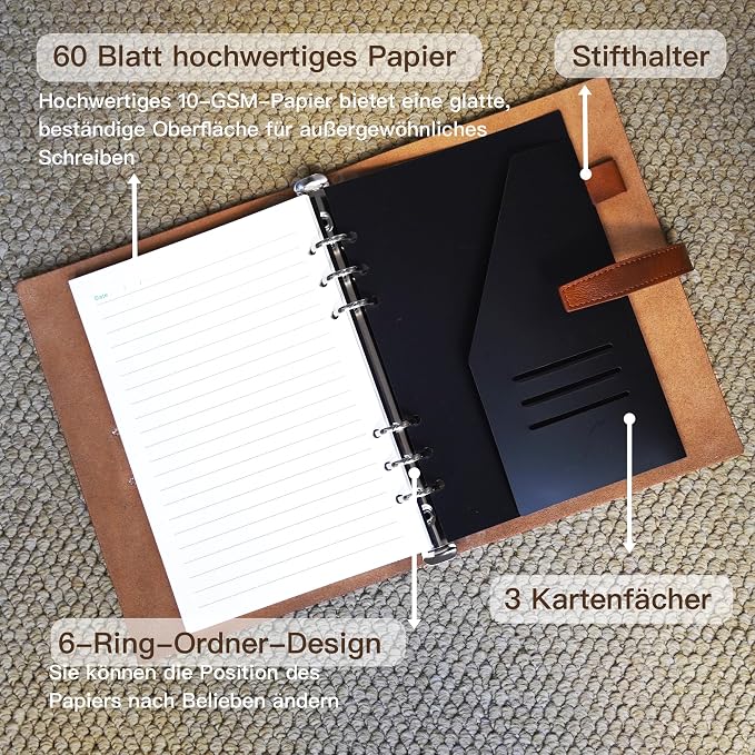 Refillable A5 Leather Binder Notebook, Reusable Leather Journal, Vintage Organizer with 6-Ring Binder, 120 Pages Lined Paper & Pocket, for Writers Business Work Study College and Daily, Light Brown