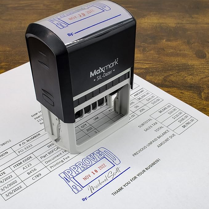 MaxMark Large Self-Inking Rubber Date Office Stamp with Scanned Phrase & Date - Blue Ink, 12-Year Band - Style 3