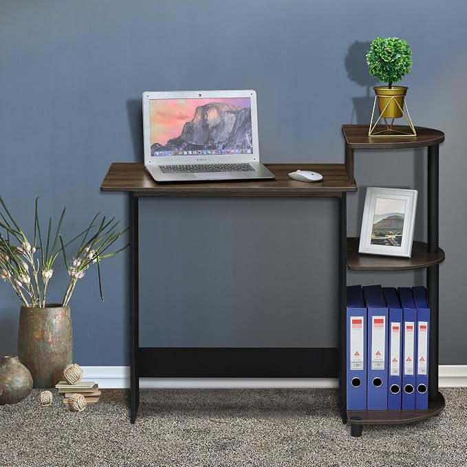 Furinno COMPACT Desk, 28.5" Wide Gaming Desk with Shelves, Computer Desk with Book Shelf, Office Desk for Home Office, Study Room, Dorm, Bedroom, Columbia Walnut