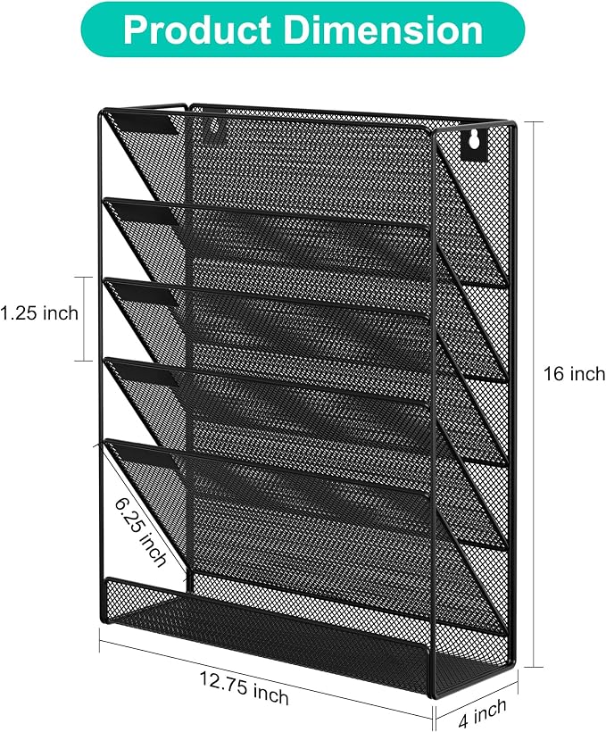 EasyPAG 5 Tier Wall File Holder, Mesh Hanging Folder Organizer with Classify Label, Versatile Desk File Holder, Vertical Wall Mounted Mail Organizer for Office Home Cubicle, Black