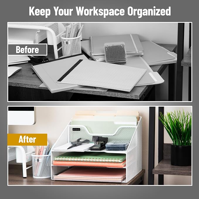 Mind Reader Metal Mesh Desktop File Organizer, 3-Tier Paper Tray with 5 Compartments, Office Mail Sorter, White