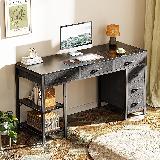 Huuger Computer Desk with 6 Drawers, Office Desk with Shelves, Reversible Gaming Desk, Corner Desk with Storage, Work for Home Office, Study, Living Room, 47inch, Black