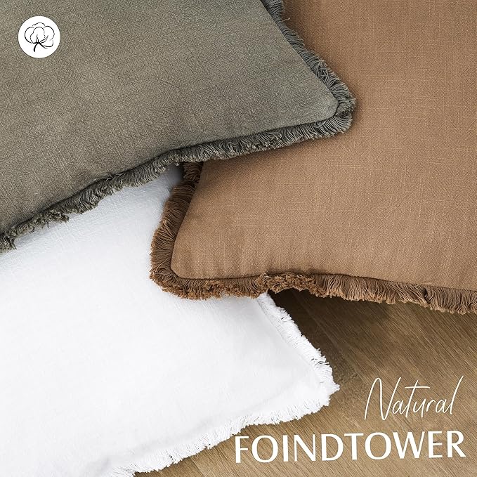 Foindtower Set of 2 Decorative Linen Fringe Throw Pillow Covers Cozy Boho Farmhouse Cushion Cover with Tassels Soft Accent Pillowcase for Couch Sofa Bed Living Room Home Decor, 24×24 Inch, Khaki Brown