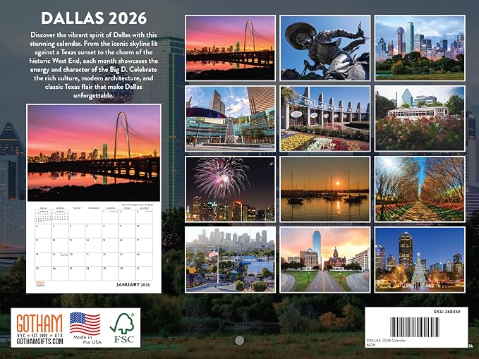Dallas Calendar 2026 Wall 12 Month Monthly TX Scenic Souvenirs Texan Themed Gifts | American Made In The USA