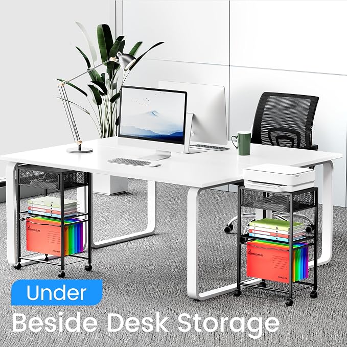 Cawukege 3 Tier Printer Stand, Small Mobile Table with Wheels, Printer Shelf Rolling Cart with Storage Desk Organizer Hanging File for Office Home, Black