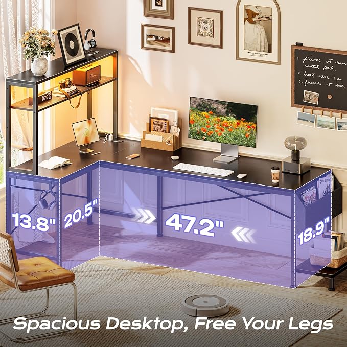L Shaped Gaming Desk with LED Lights & Power Outlets | Reversible Computer Desk with Storage Shelves & Bag, Large Corner Home Office Desk with Pegboard for Work from Home, Black