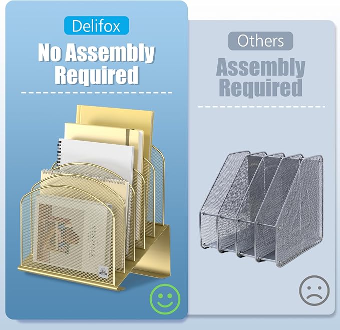 Delifox Inclined Desk File Organizer,Vertical File Folder Holder Stand Metal Rack File Sorter for Office Classroom Desktop Organization (1, Gold, 5)