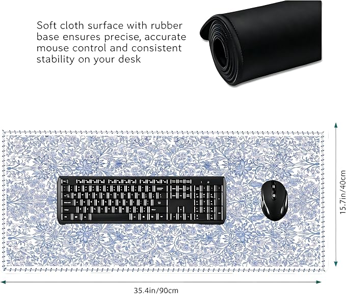 Cute Floral Aesthetic Daisy Gaming Mouse Pad, White Blue Chinoiserie Desk Mat with Anti-Slip Base & Stitched Edges, Office & Home Desk Decor for Women, 35.4" x 15.7" in Computer Desktop Mat