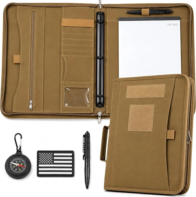 Tactical Padfolio, Detachable 3-Ring Binder with Zipper | Multi-pocket nylon organizer with carry handle, 40 letter-size sheets, pen and compass for field work, office and school