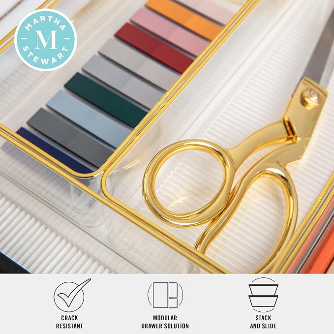 Martha Stewart Kerry Stackable Desk Drawer Organizers, Clear/Gold, 6-Pack | 12x3 in Organizers, Gold Trim, Stackable