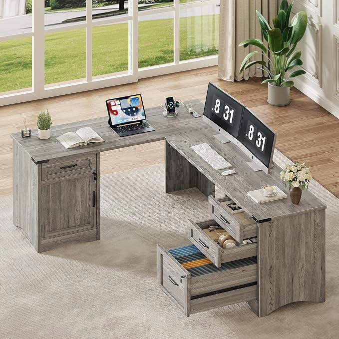 Decofy 67" L-Shaped Standing Desk, File Cabinet & Charging Station, Grey | Four Drawers, File Cabinet, Farmhouse Corner Desk, Wood Workstation, Grey Finish, For Home Office, Study and Writing