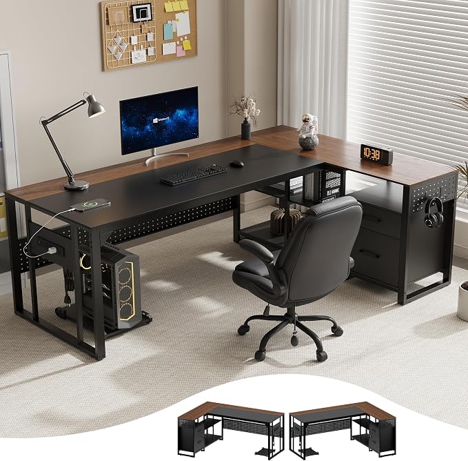 MALOL 70.3" Reversible L-Shaped Office Desk with Power Outlet Computer Desk | Large Executive Desk with Locked File Drawers & Storage Shelves, Pegboard, Mobile CPU Stand, Modern Corner Desk, Walnut