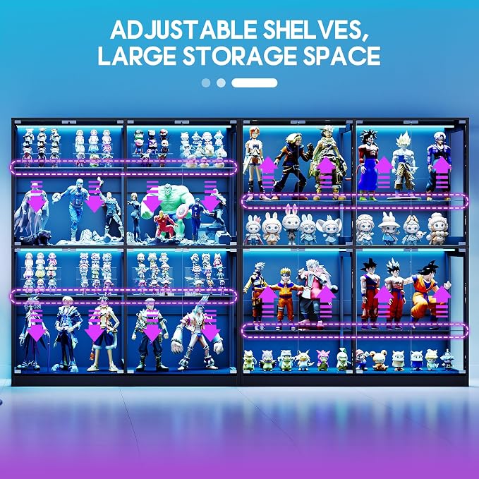 AMERLIFE 60-Inch RGB Display Cabinet with Glass Shelves | 70 H x 60 W x 16 D In, 4-Tier Storage, RGB LED Lights, Press-to-Open Doors, for Collectibles, Black