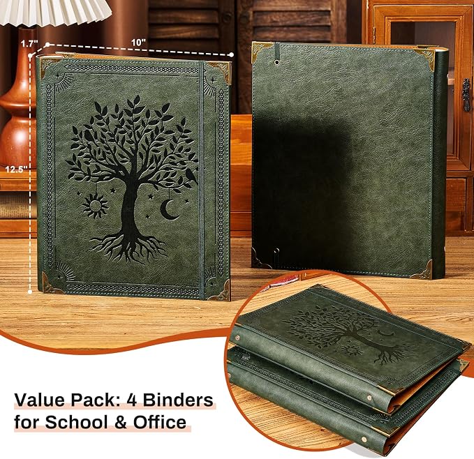 OVESMUSL 4 Pack PU Leather 3 Ring Binder, 1 Inch Green Tree | Fits 8.5x11 letter paper, holds 200 sheets, loose leaf organizer