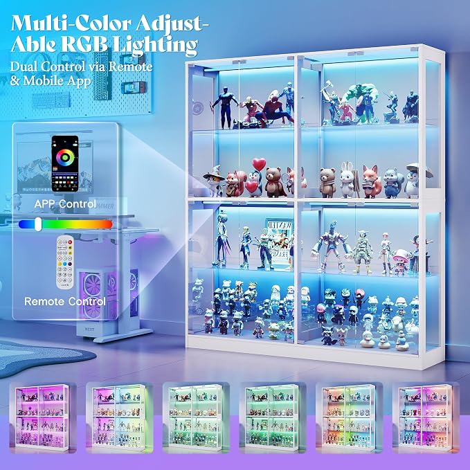 AMERLIFE 32-Inch RGB Display Cabinet with Glass Shelves | 70 H x 32 W x 16 D In, 4-Tier Storage, RGB LED Lights, Press-to-Open Doors, for Collectibles, White