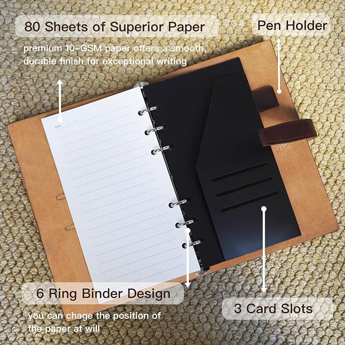Adeerus Refillable A6 Leather Binder Notebook, Reusable Leather Journal, Vintage Organizer with 6-Ring Metal Binder, 160 Pages Lined Paper & Pocket, for Writers Business Work Study College and Daily