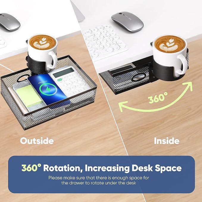 360 Rotating Under Desk Drawer Organizer with Cup Holder Clamp On Desk Drawer No Drilling Swivel Desk Tray Anti-Slip Small Pencil Drawer Under Desk Storage Easy Install for Home Office