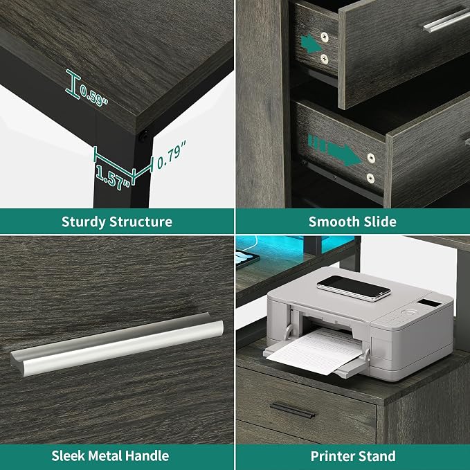 YITAHOME L Shaped Desk with 3 Drawers | 3 Drawers, Power Outlets & LED Lights, File Cabinet & Printer Stand, For Home Office