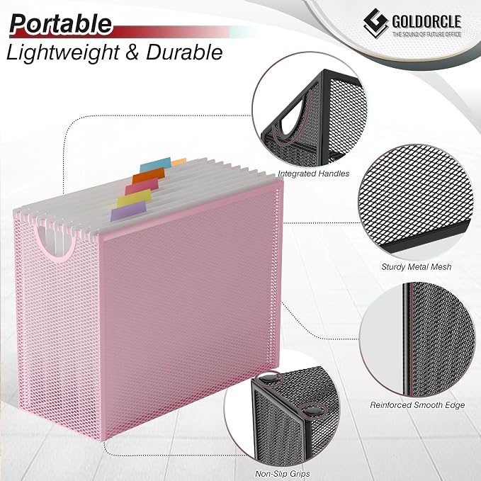 Letter-Size Hanging File Organizer (Pink, with 5 Grey Folders) | File Holder Filing Box for Desk, Metal Mesh Desk File Folder Storage for Office(No Assembly Required)