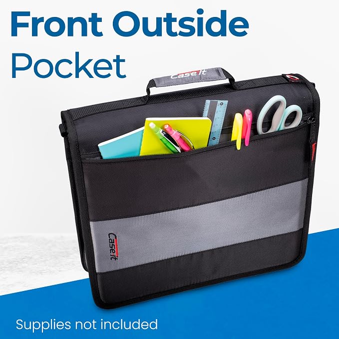 Case-it School Zipper Binder | 2-Inch O-Rings | 350-Sheet | D-251 Jet Black | Classic, Multiple Storage Pockets, Shoulder Strap, School & Office Organizer, 6-Pack